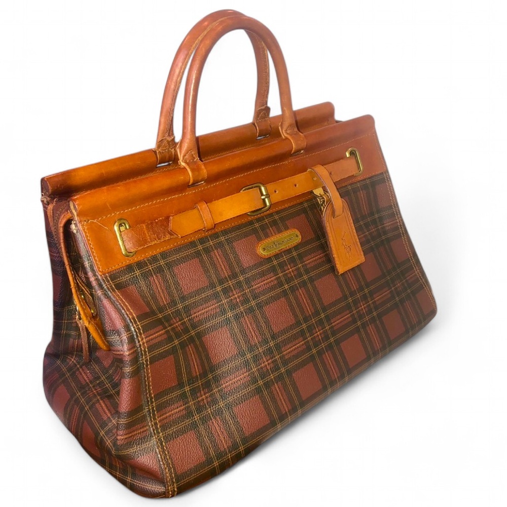 RALPH LAUREN Tartan Plaid Brown Green Doctor Boston Weekend Travel Suitcase - Picture 5 of 17